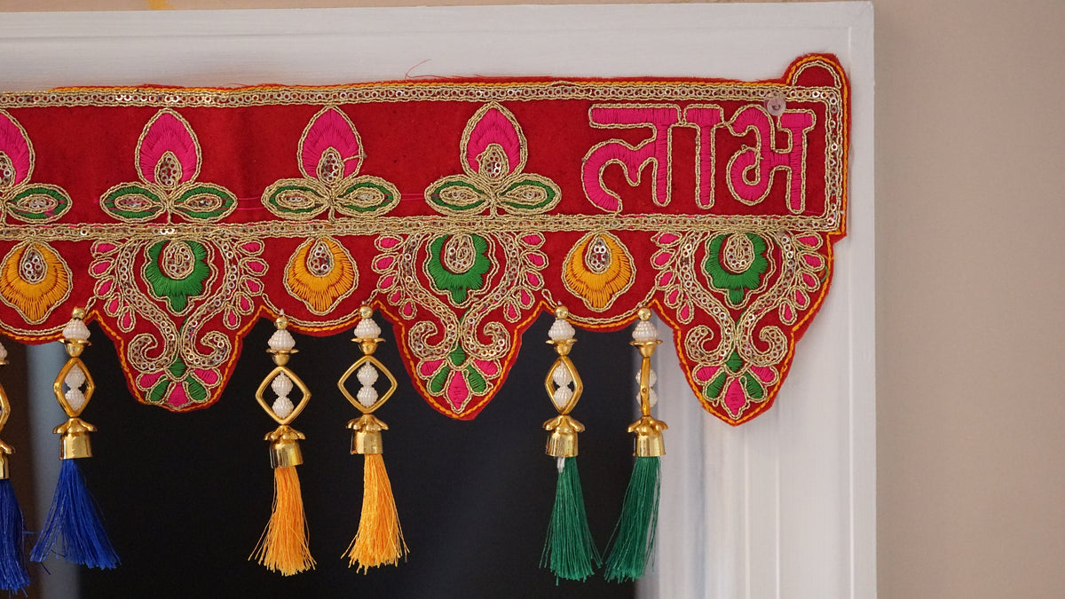 Shubh Labh Embroidered Door Toran with Silk Tassels and Bells - detail view 3