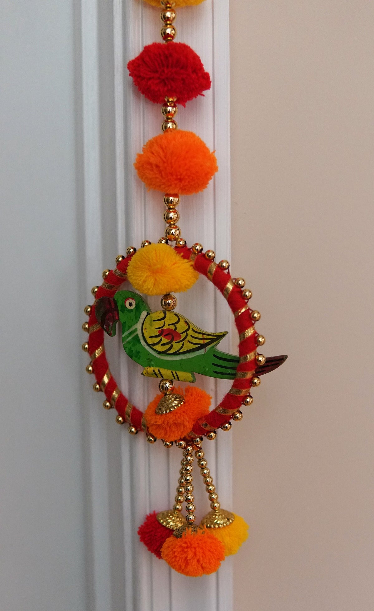 Parrot Door Hangings with Pom-Poms and Gold Beads - Pair - detail 3