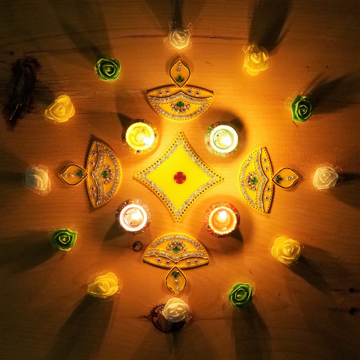 Yellow Rangoli Set - 5 Pieces with 4 Clay Wax Diyas