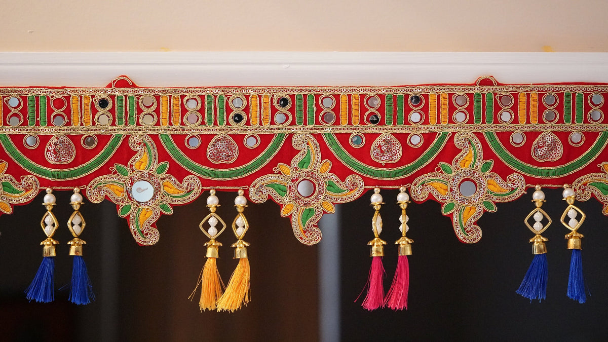 Floral Mirror Work Door Toran with Colorful Silk Tassels - detail 2