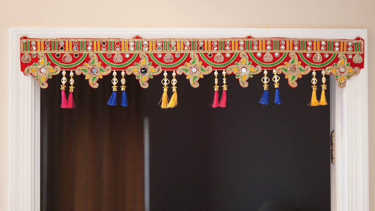 Floral Mirror Work Door Toran with Colorful Silk Tassels - doorway view