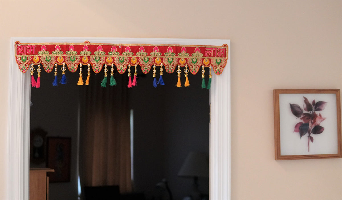 Shubh Labh Embroidered Door Toran with Silk Tassels and Bells - detail view 2