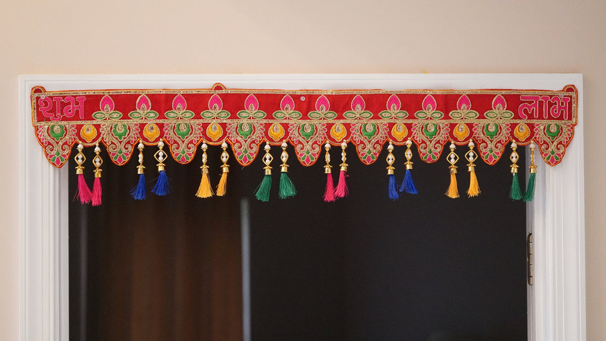 Shubh Labh Embroidered Door Toran with Silk Tassels and Bells - doorway view