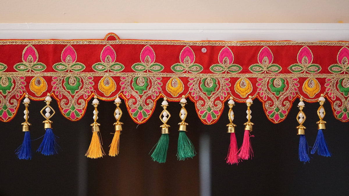 Shubh Labh Embroidered Door Toran with Silk Tassels and Bells - detail view 5