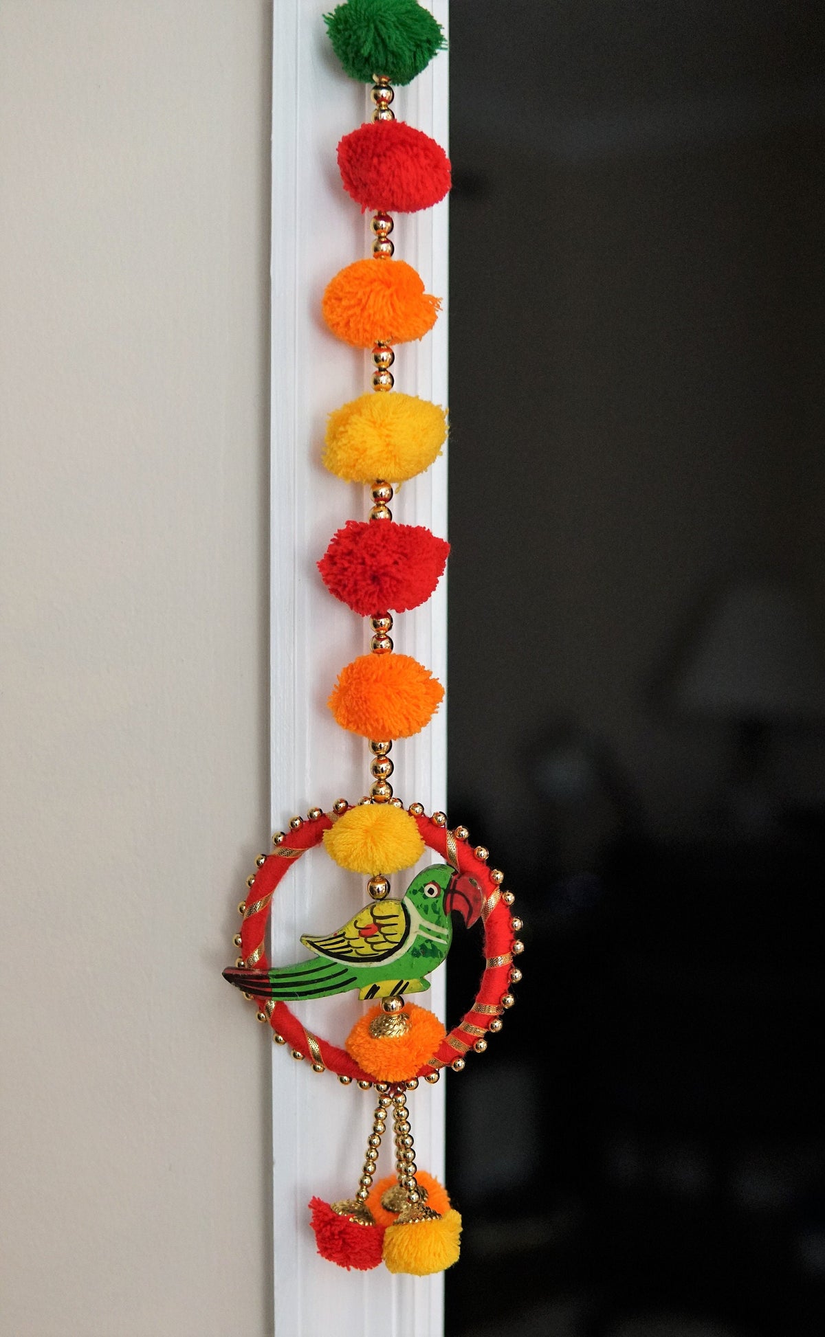 Parrot Door Hangings with Pom-Poms and Gold Beads - Pair - detail 2