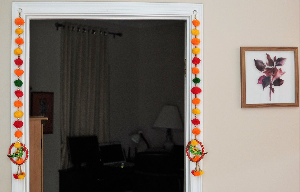 Parrot Door Hangings with Pom-Poms and Gold Beads - Pair