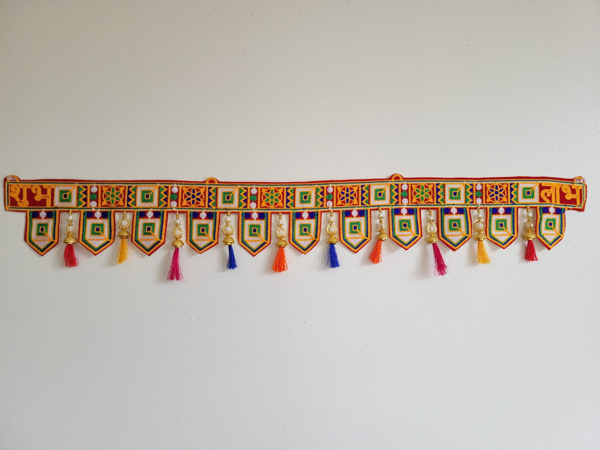Geometric Embroidered Door Toran with Mirror Work and Silk Tassels - detail view 2