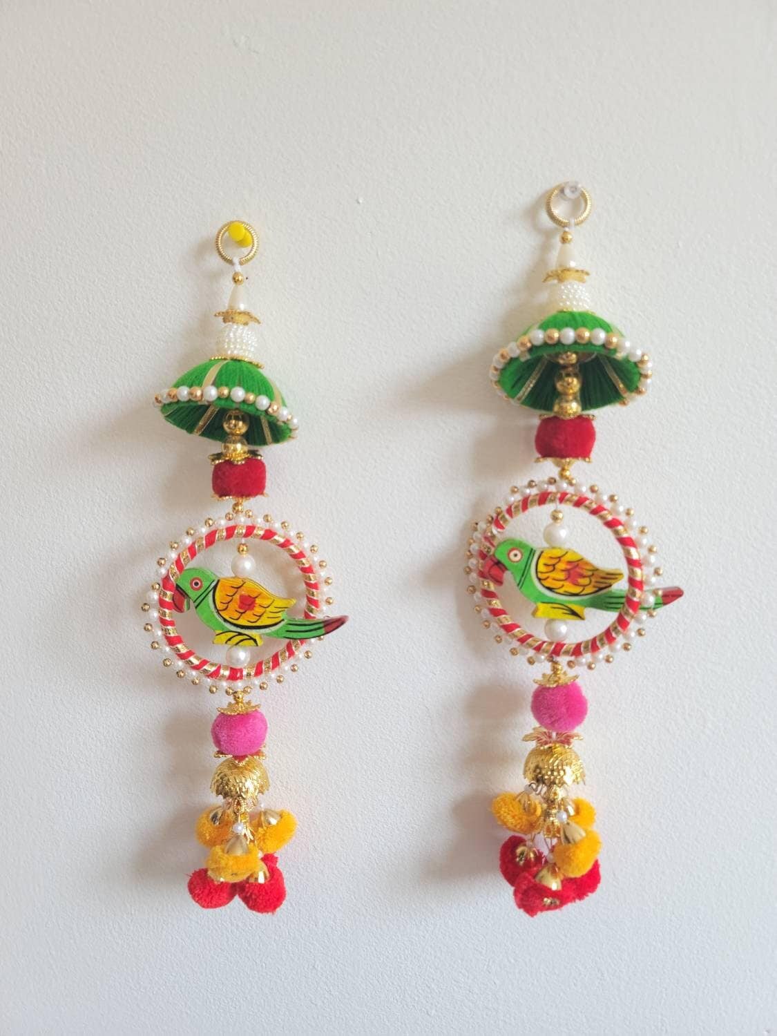 Wooden Parrot Ring Hangings with Pom-Poms - Pair