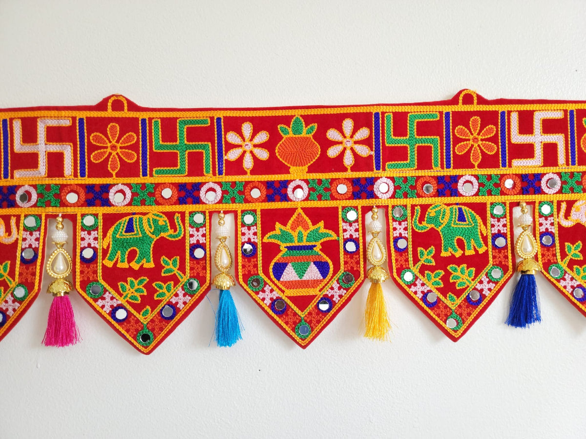Elephant and Kalash Embroidered Door Toran - 3 Ft