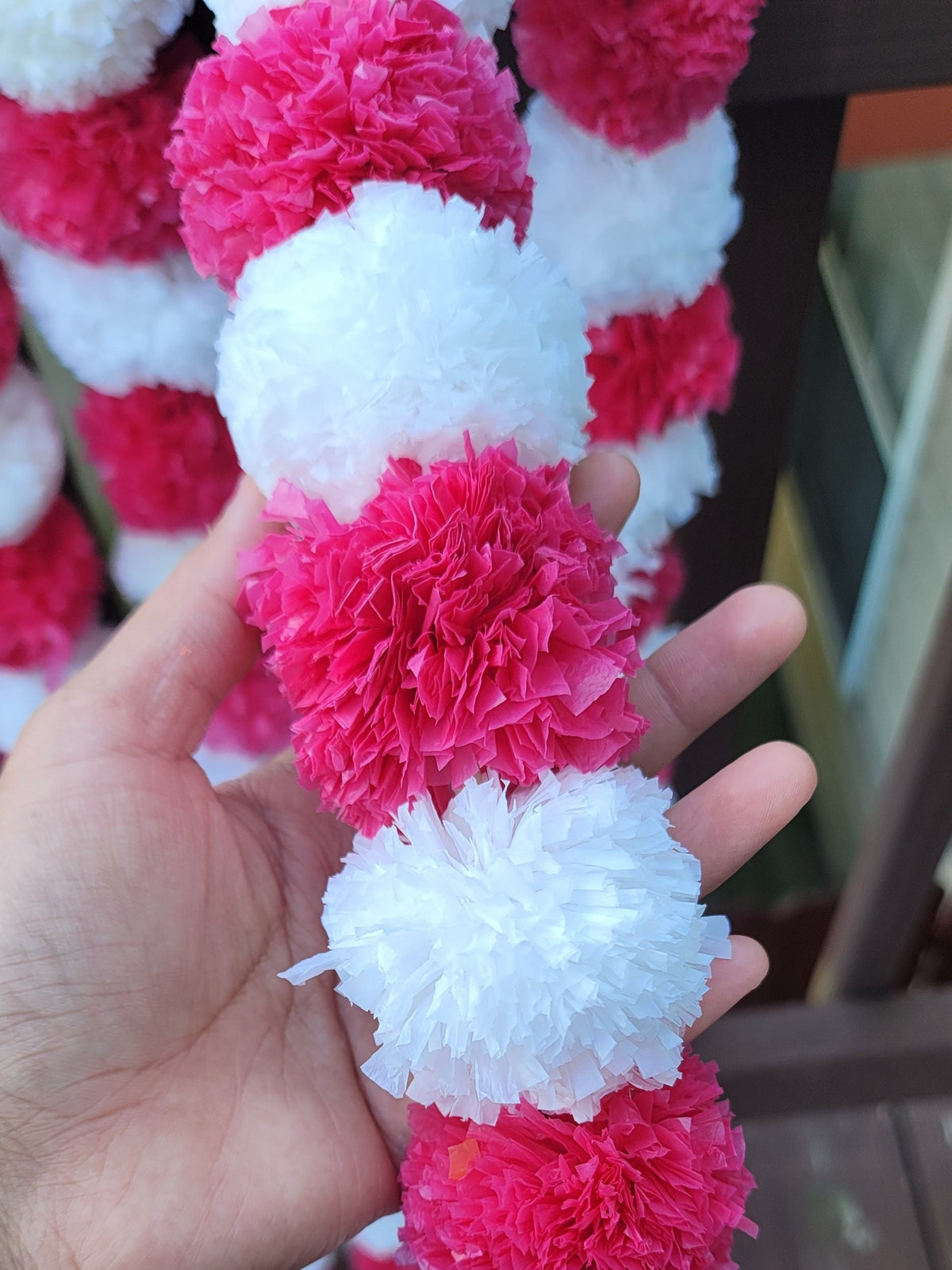 Pink & White Marigold Garlands - 5 Strings, 4.5 Feet - product photo 2