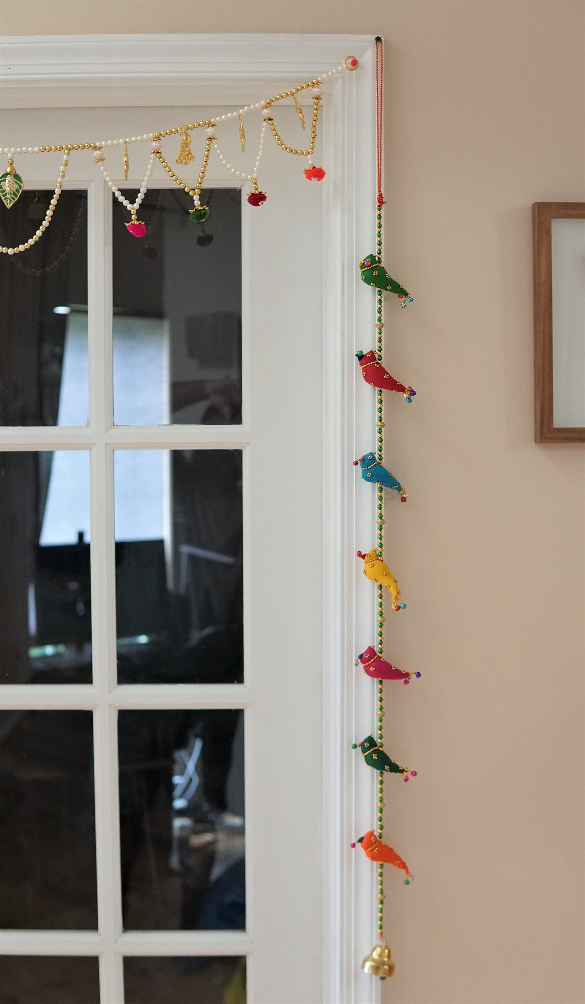 Colorful Bird Hangings with Brass Bells - Pair, 40 Inches