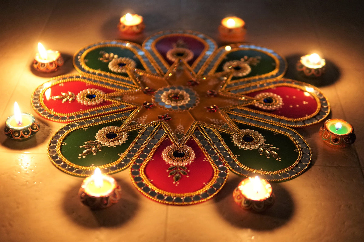 Multicolor Petal Rangoli Set with 8 Clay Wax Diyas