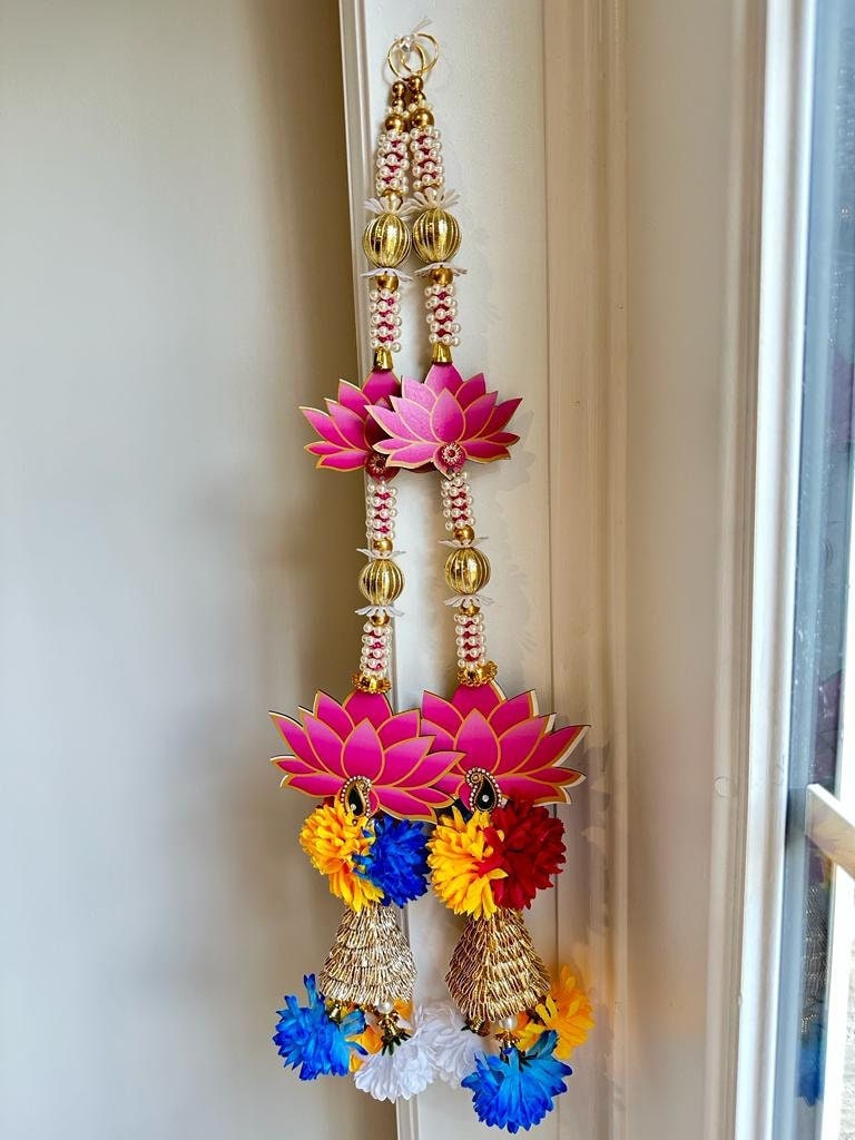 Pink Lotus Door Hangings with Pearl-Style Beads - Pair, 24 Inches
