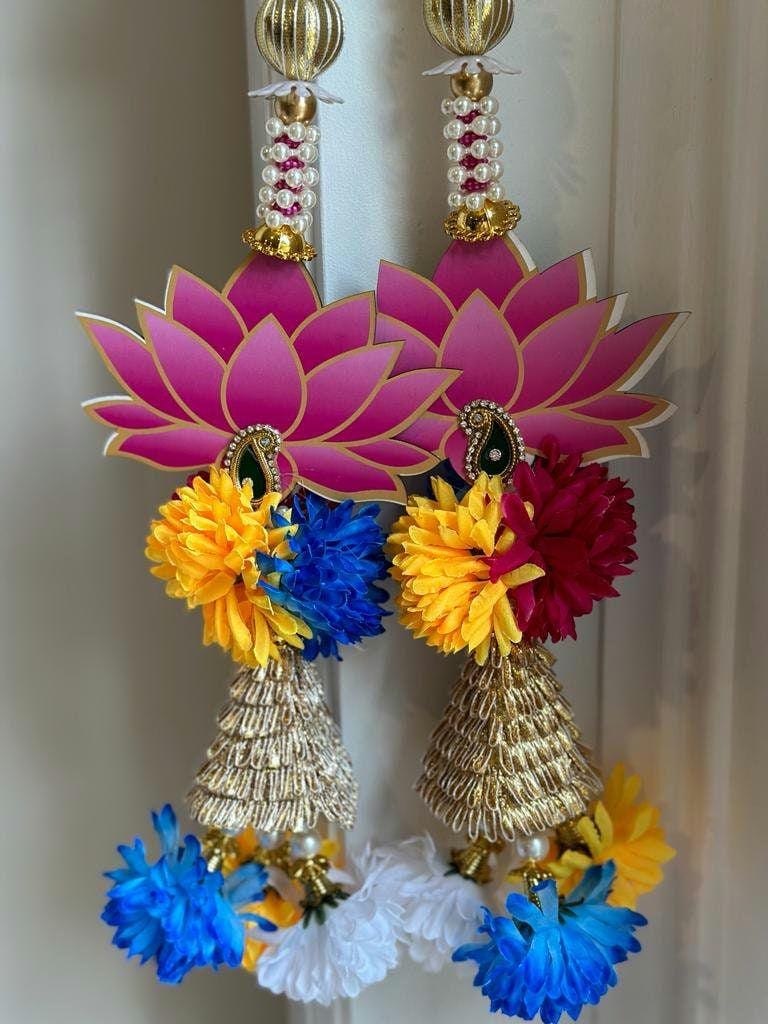 Pink Lotus Door Hangings with Pearl-Style Beads - Pair, 24 Inches - detail 2