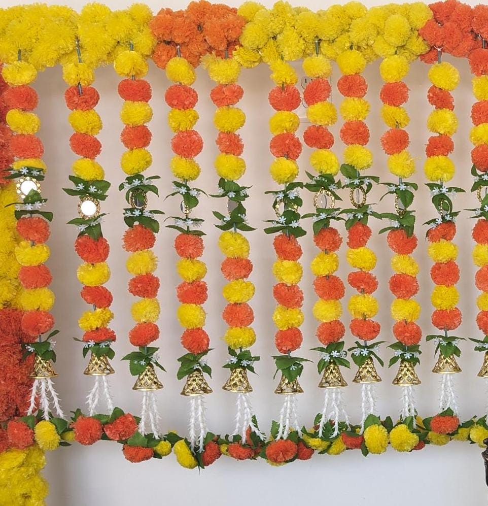 Orange & Yellow Marigold Mirror Hangings - Pair, 2.5 Feet - original product photograph; styled displays may show multiple pairs