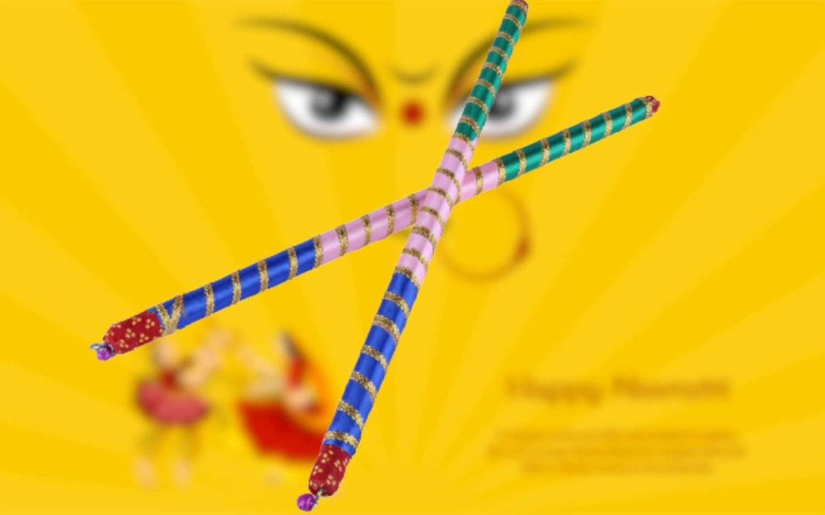 Assorted colorful ribbon-wrapped wooden dandiya sticks, Design 1; the pack includes 4 sticks