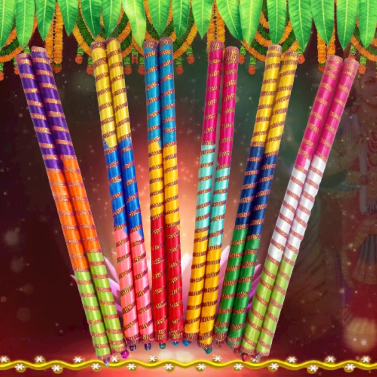 Assorted colorful ribbon-wrapped wooden dandiya sticks, Design 1; the pack includes 4 sticks
