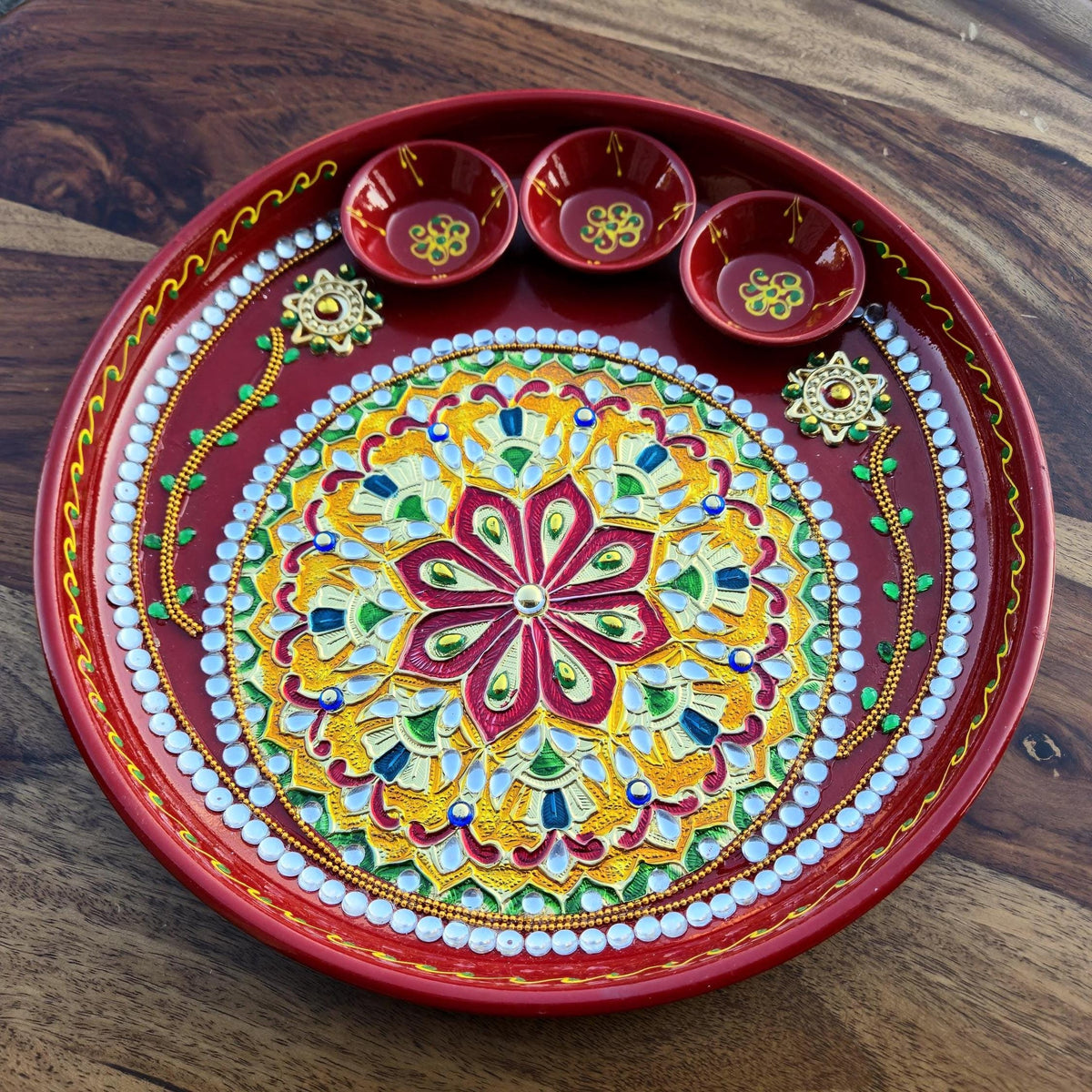 Red Painted Puja Thali with Bowls - product photo 1