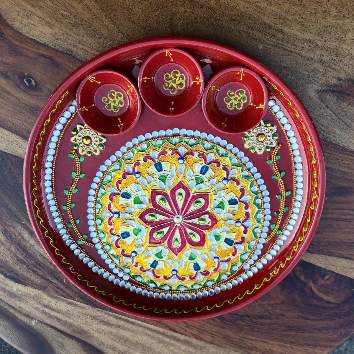 Red Painted Puja Thali with Bowls - product photo 2