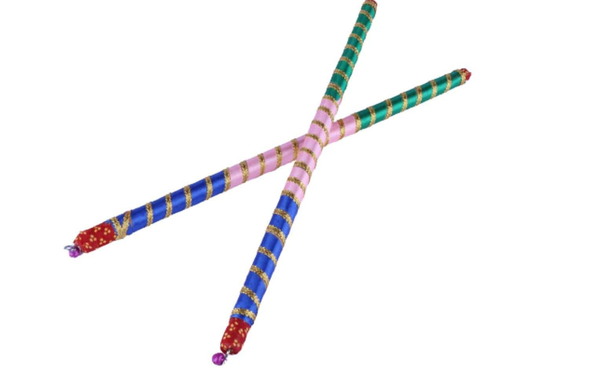Assorted colorful ribbon-wrapped wooden dandiya sticks, Design 1; the pack includes 4 sticks