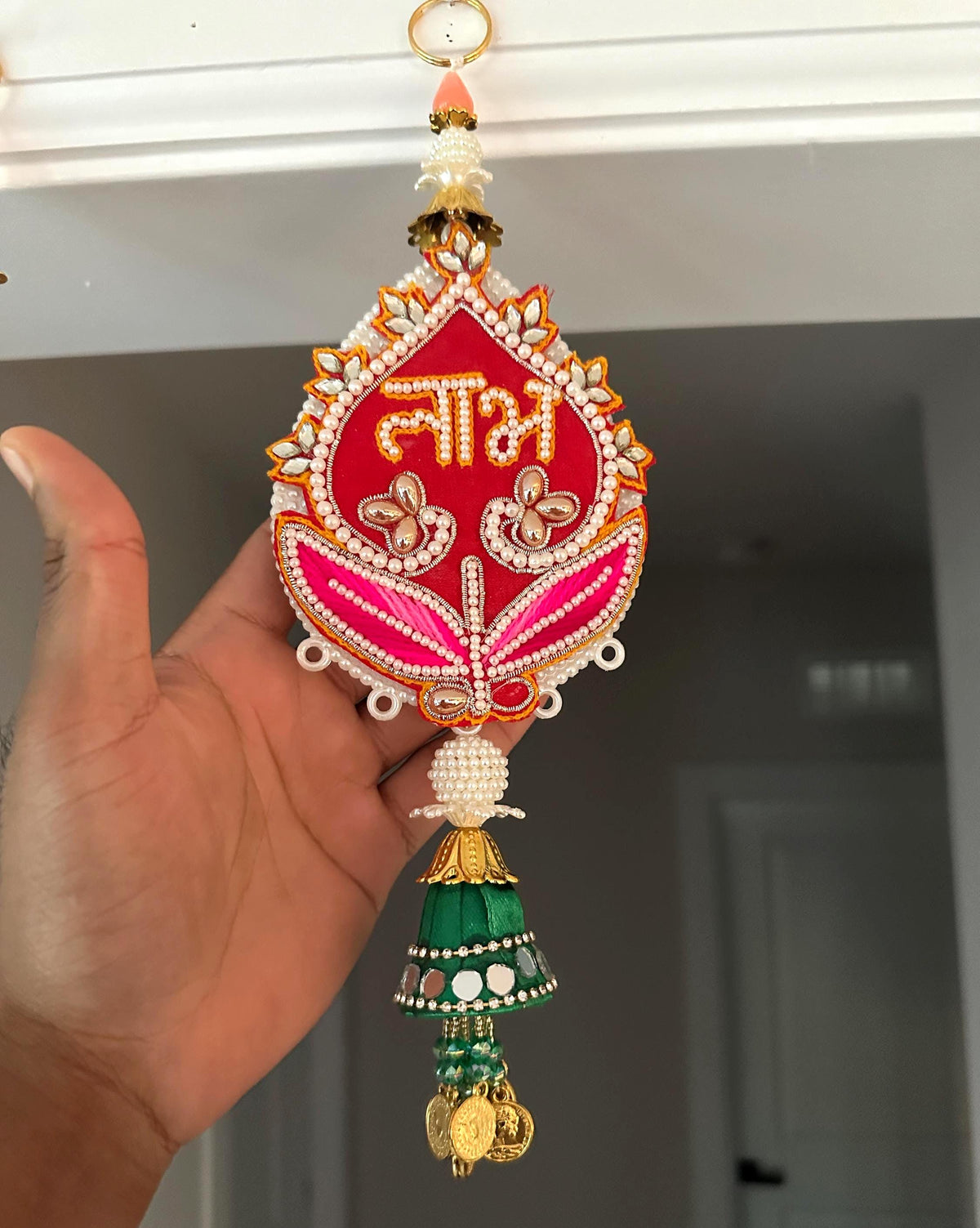 Shubh Labh Beaded Lotus Door Hangings - Pair - detail 2