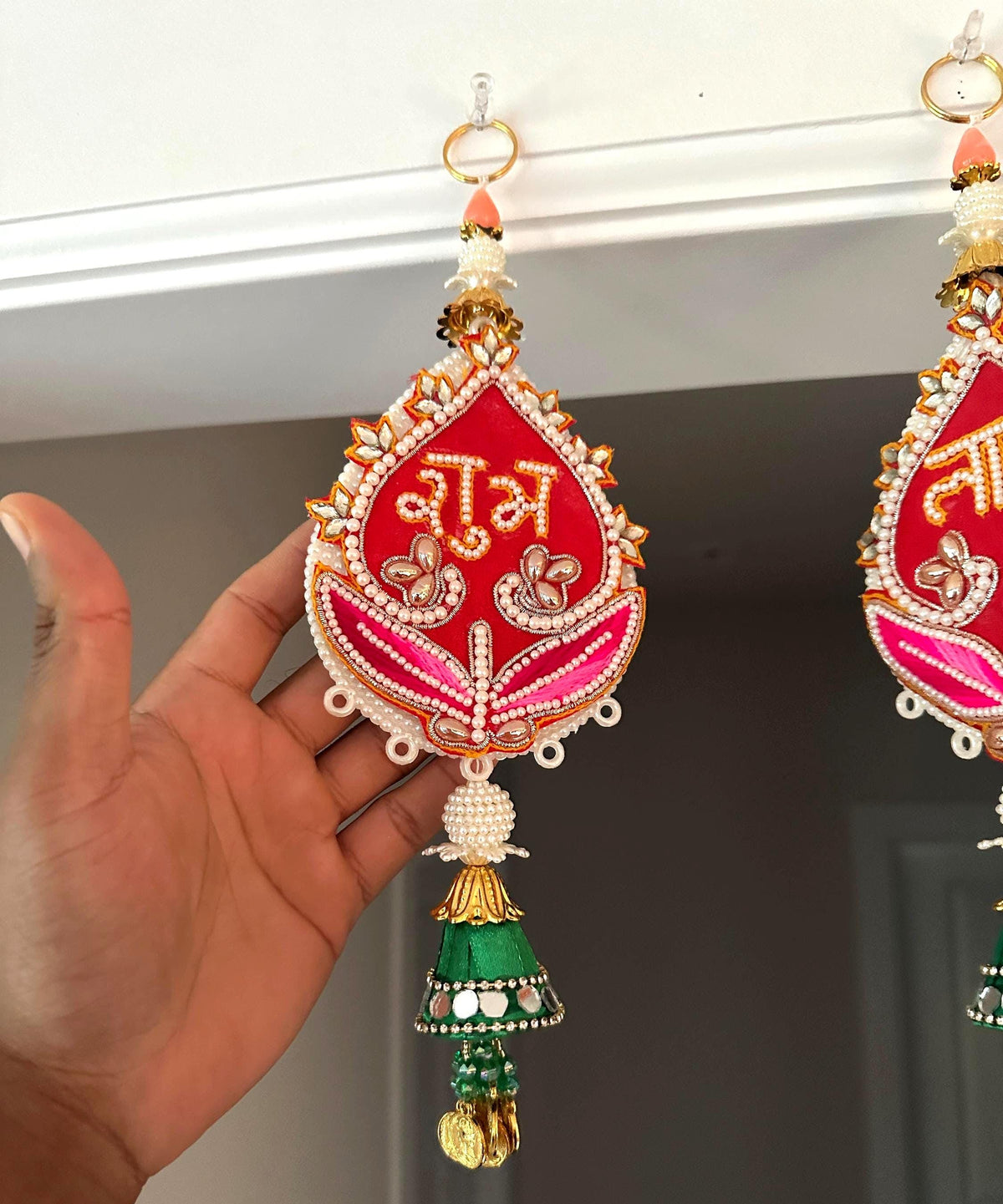 Shubh Labh Beaded Lotus Door Hangings - Pair - detail 3