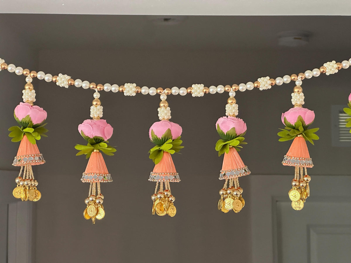 Pink Floral Beaded Door Toran with Side Hangings - 3 Ft