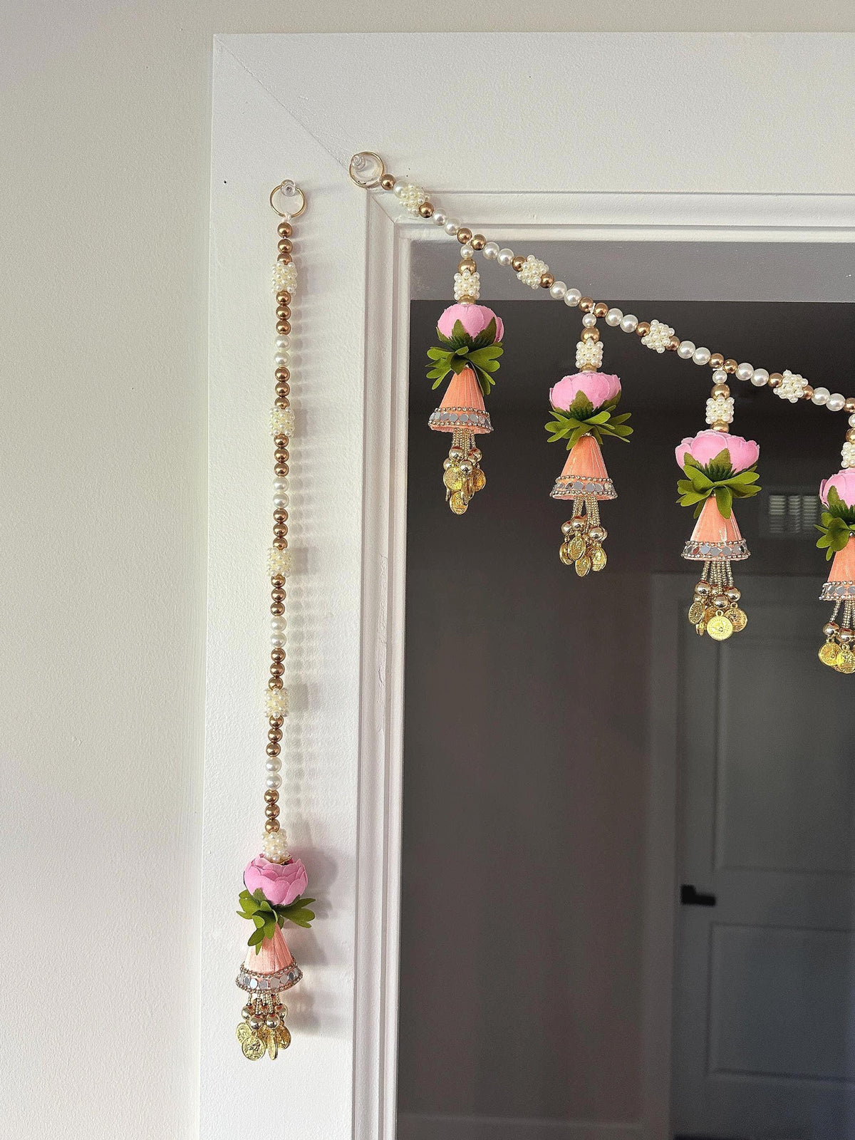 Pink Floral Beaded Door Toran with Side Hangings - 3 Ft - detail 4