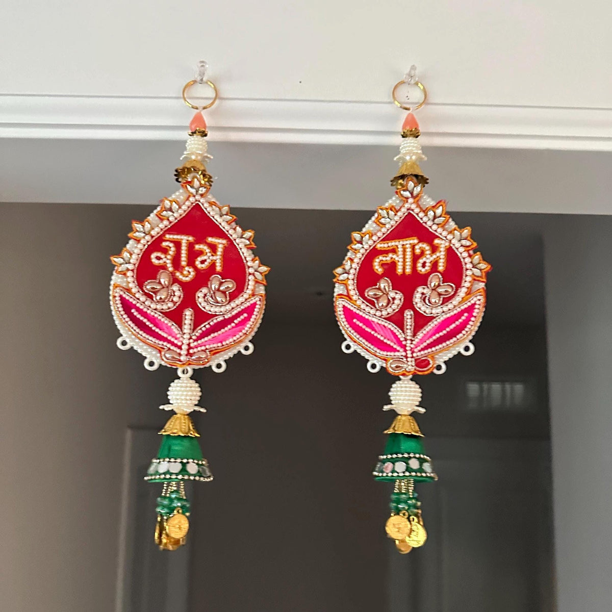 Shubh Labh Beaded Lotus Door Hangings - Pair
