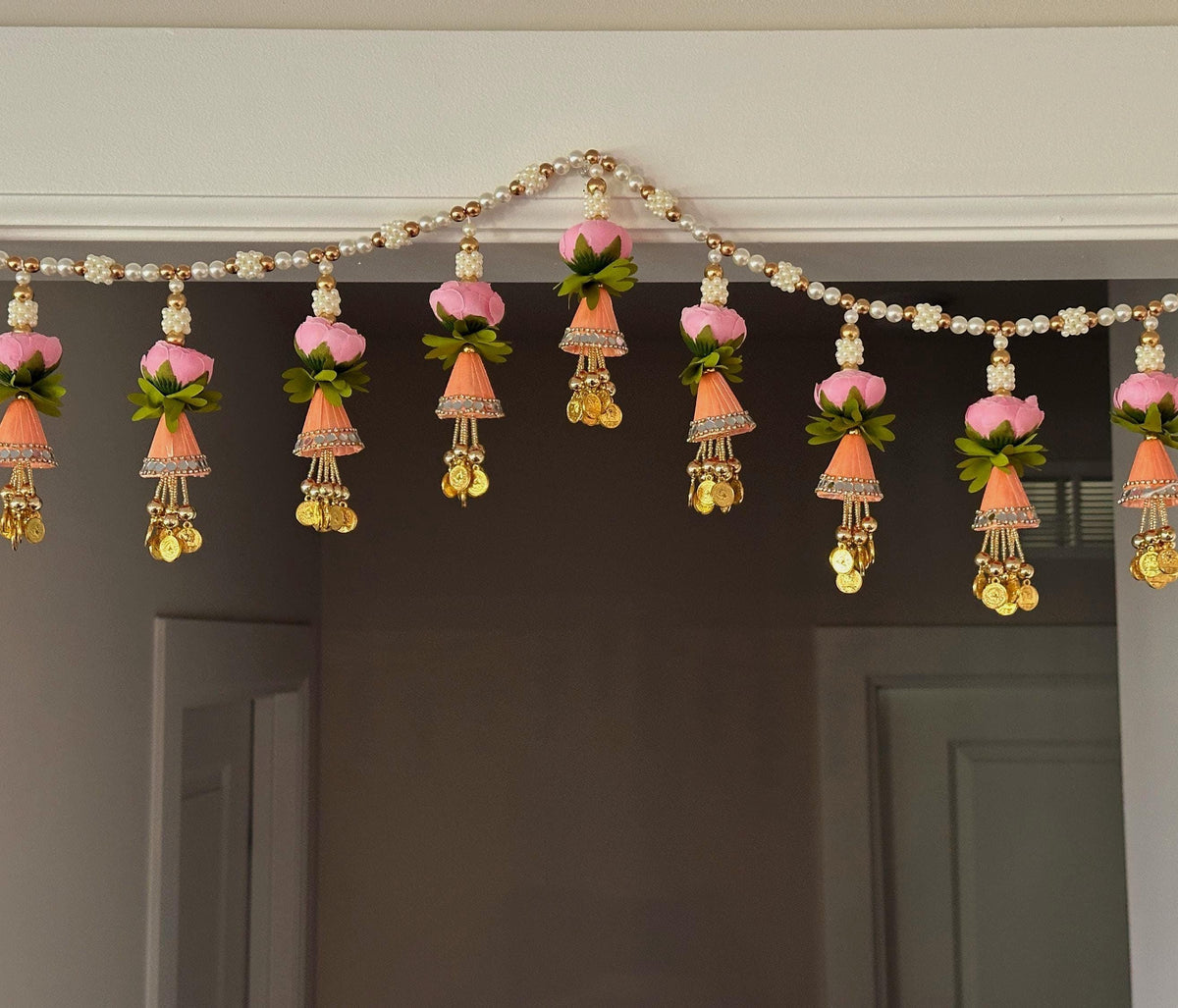 Pink Floral Beaded Door Toran with Side Hangings - 3 Ft - detail 3