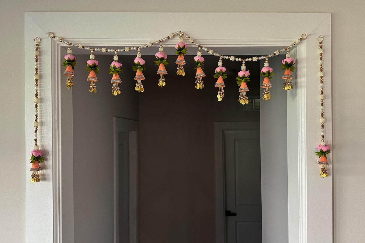 Pink Floral Beaded Door Toran with Side Hangings - 3 Ft - detail 6