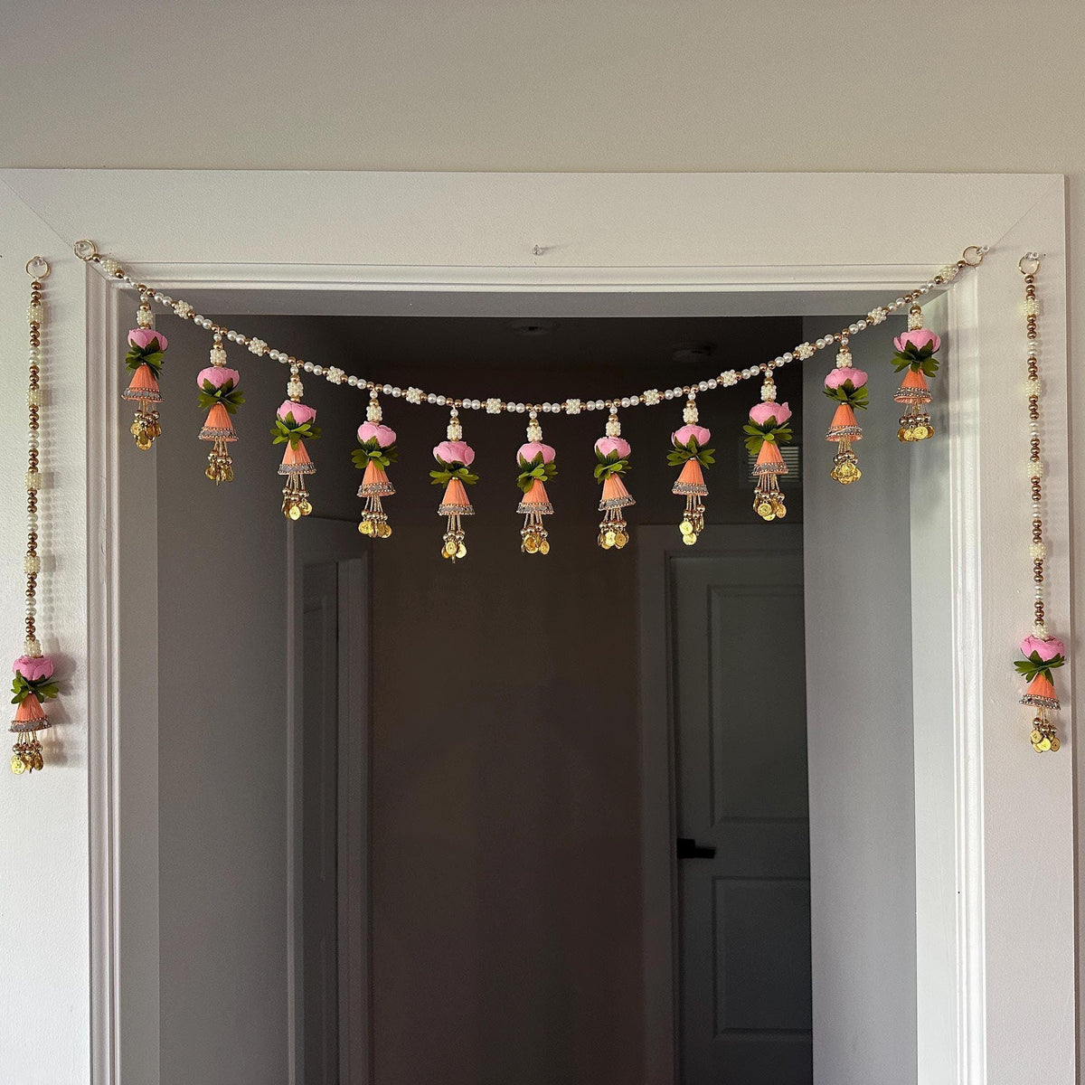 Pink Floral Beaded Door Toran with Side Hangings - 3 Ft - detail 5