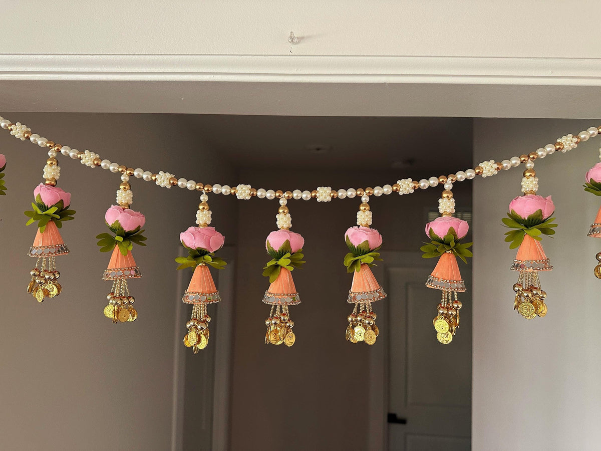 Pink Floral Beaded Door Toran with Side Hangings - 3 Ft - detail 2