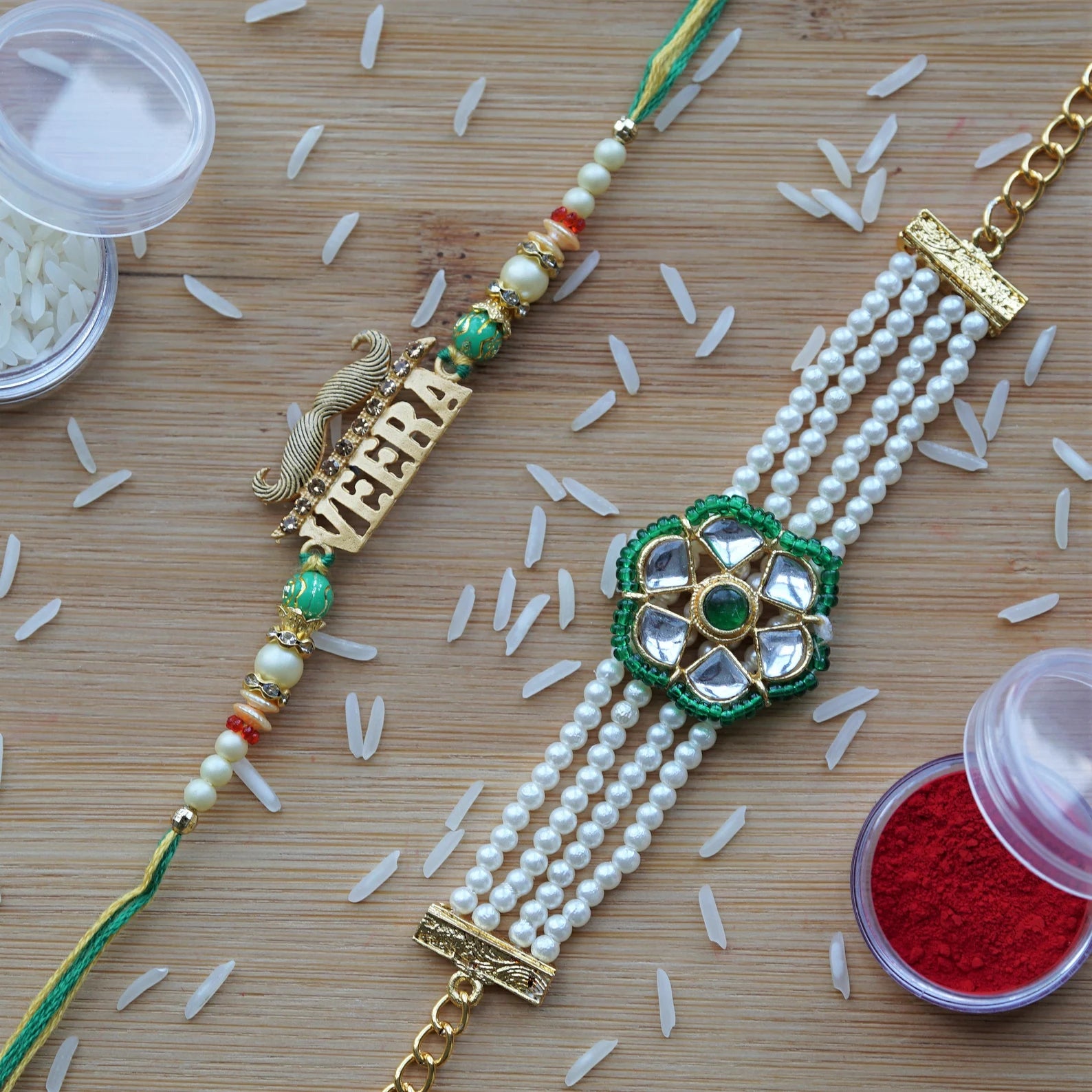 I jewels rakshabhandhan special kundan bhaiya bhabhi pearl hanging lumba bracelet  rakhi combo set with roli chawal - I Jewels - 4164117