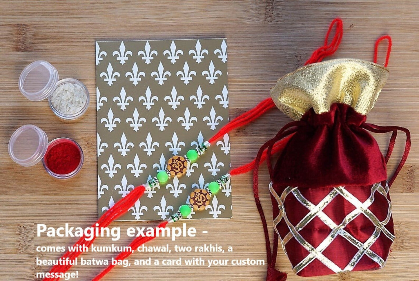 Brother rakhi with Om bead, Made with golden beads and thread. Simple rakhi for brother. Here's our packaging example 