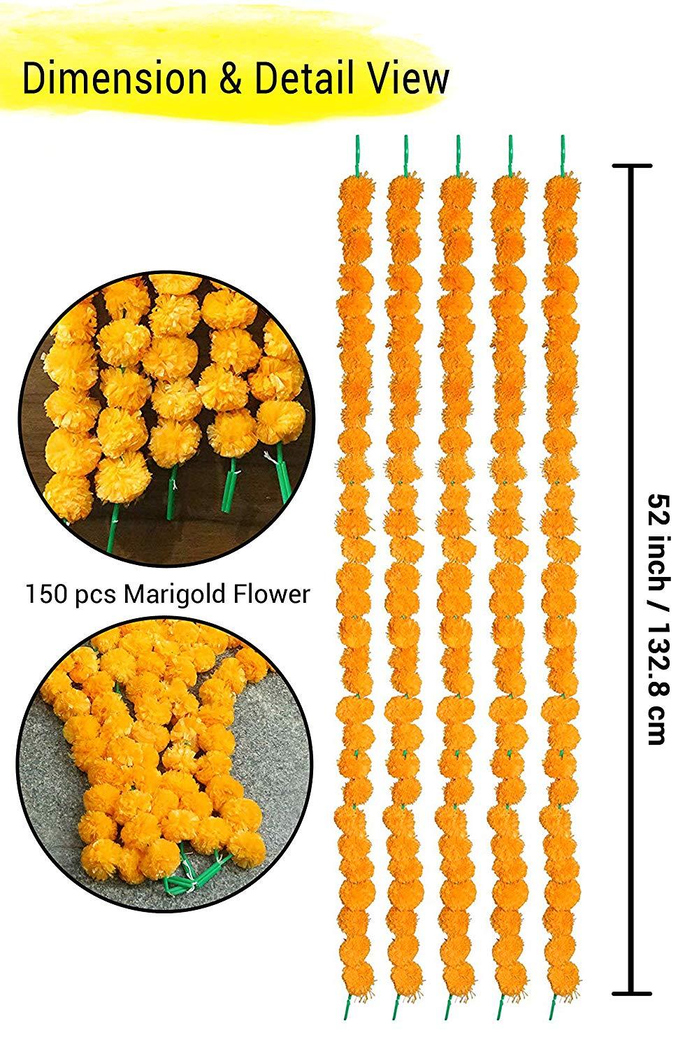 5 PC - 4.5 feet Orange Yellow Marigold Garland | Party, Wedding or Photo Prop Backdrop - Aangan of India