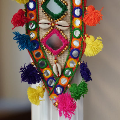 Jute kori mirror work door decor with colorful pompom