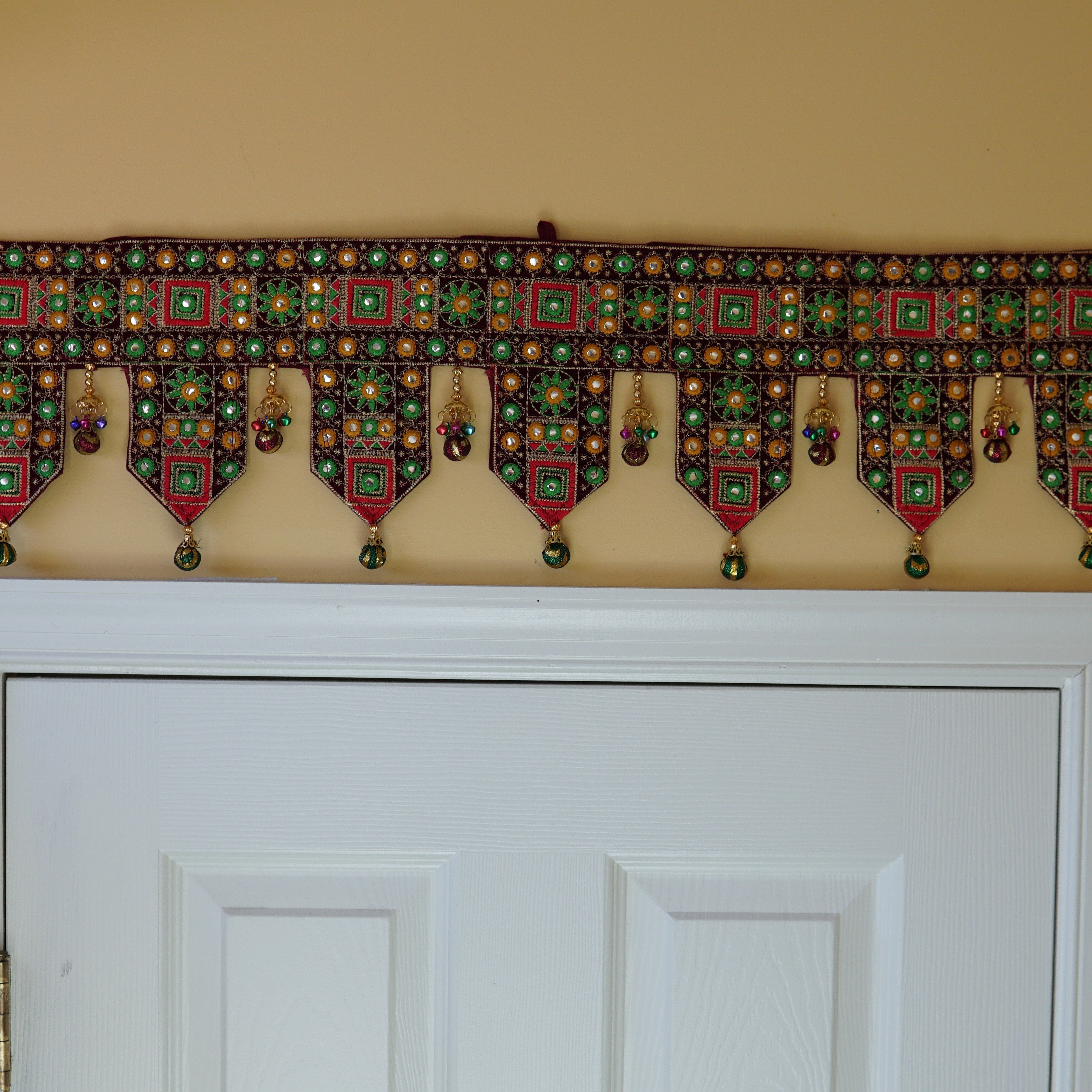 Indian bohemian Door decoration with Embroidery and mirror work - Aangan of India