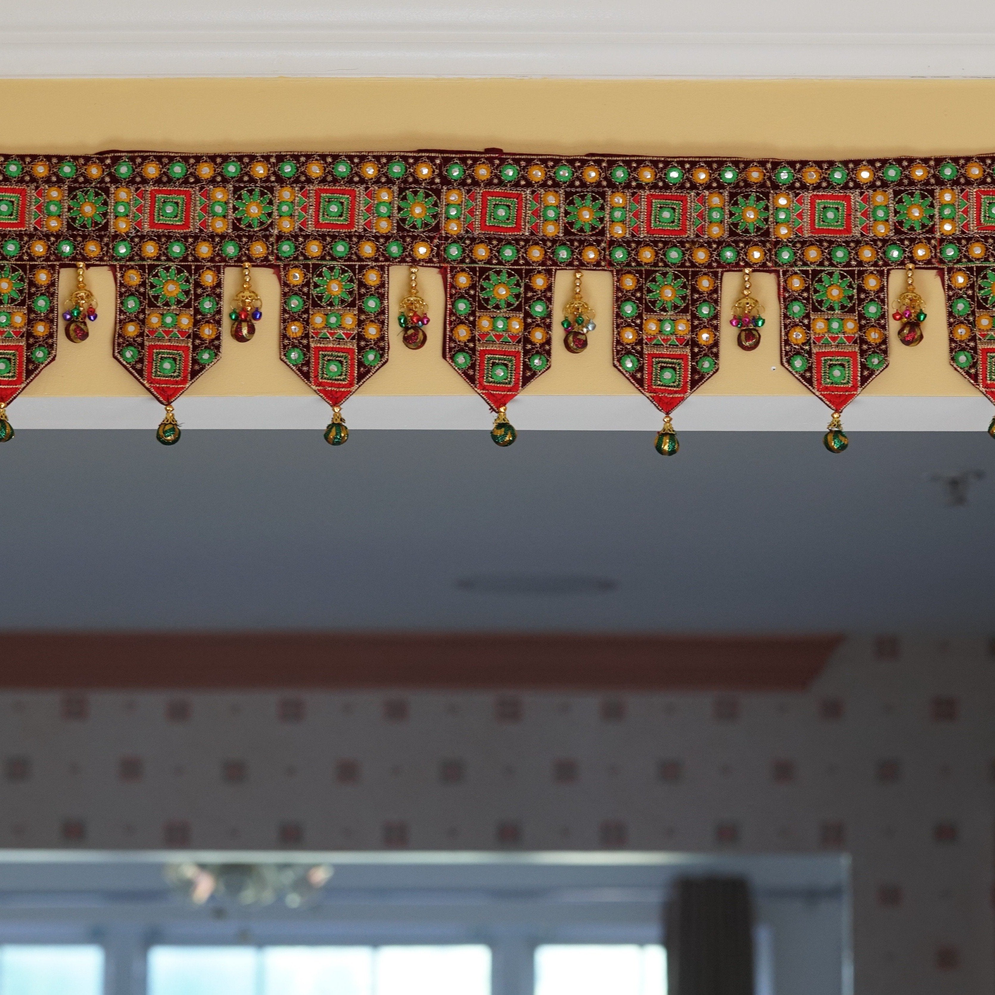 Indian bohemian Door decoration with Embroidery and mirror work - Aangan of India