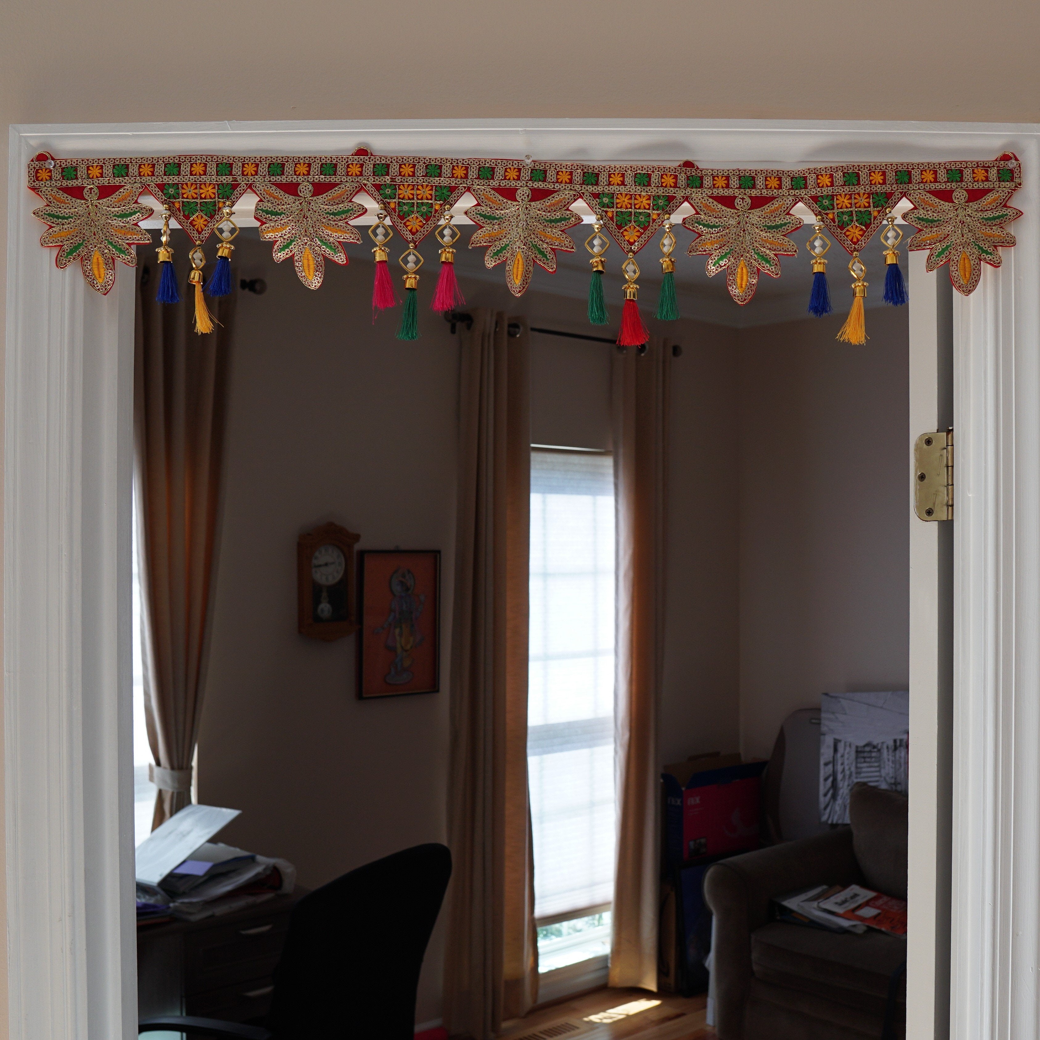 Indian bohemian door decoration with leaves embroidery - Aangan of India