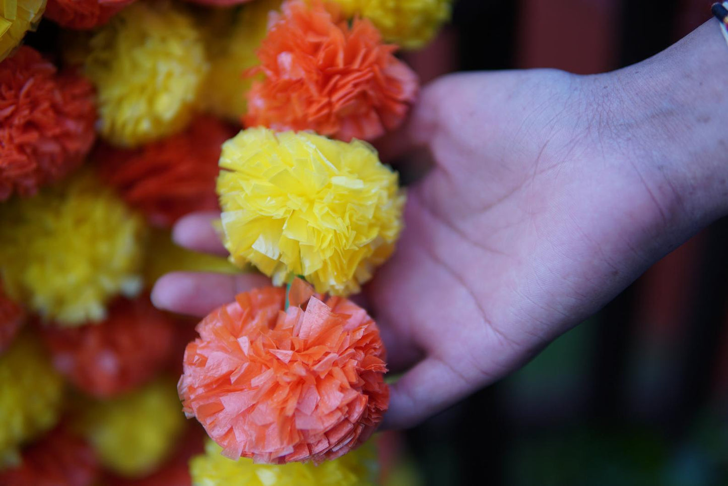 5 PC - 4.5 feet Orange Yellow Marigold Garland | Party, Wedding or Photo Prop Backdrop - Aangan of India