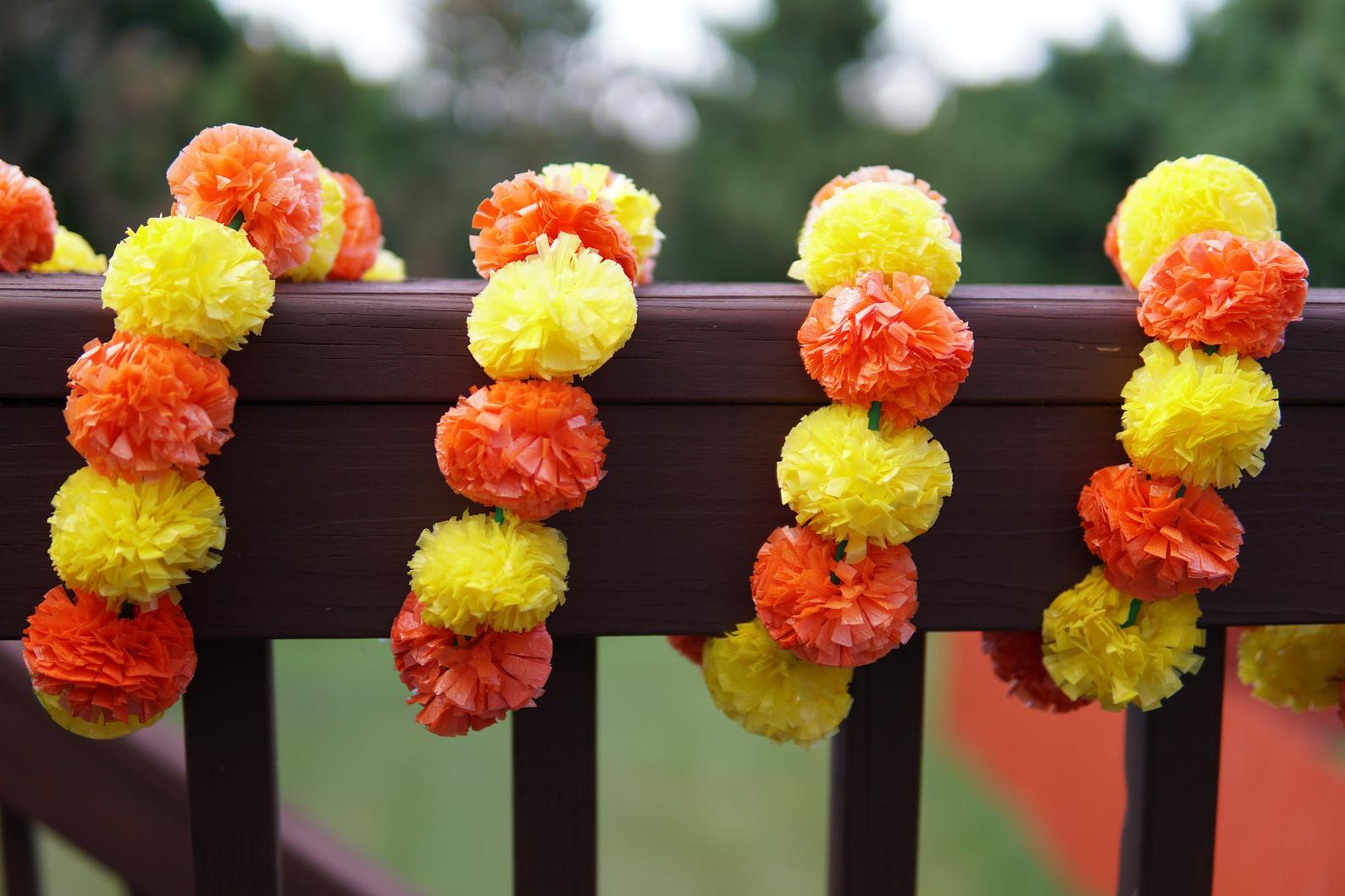 5 PC - 4.5 feet Orange Yellow Marigold Garland | Party, Wedding or Photo Prop Backdrop - Aangan of India