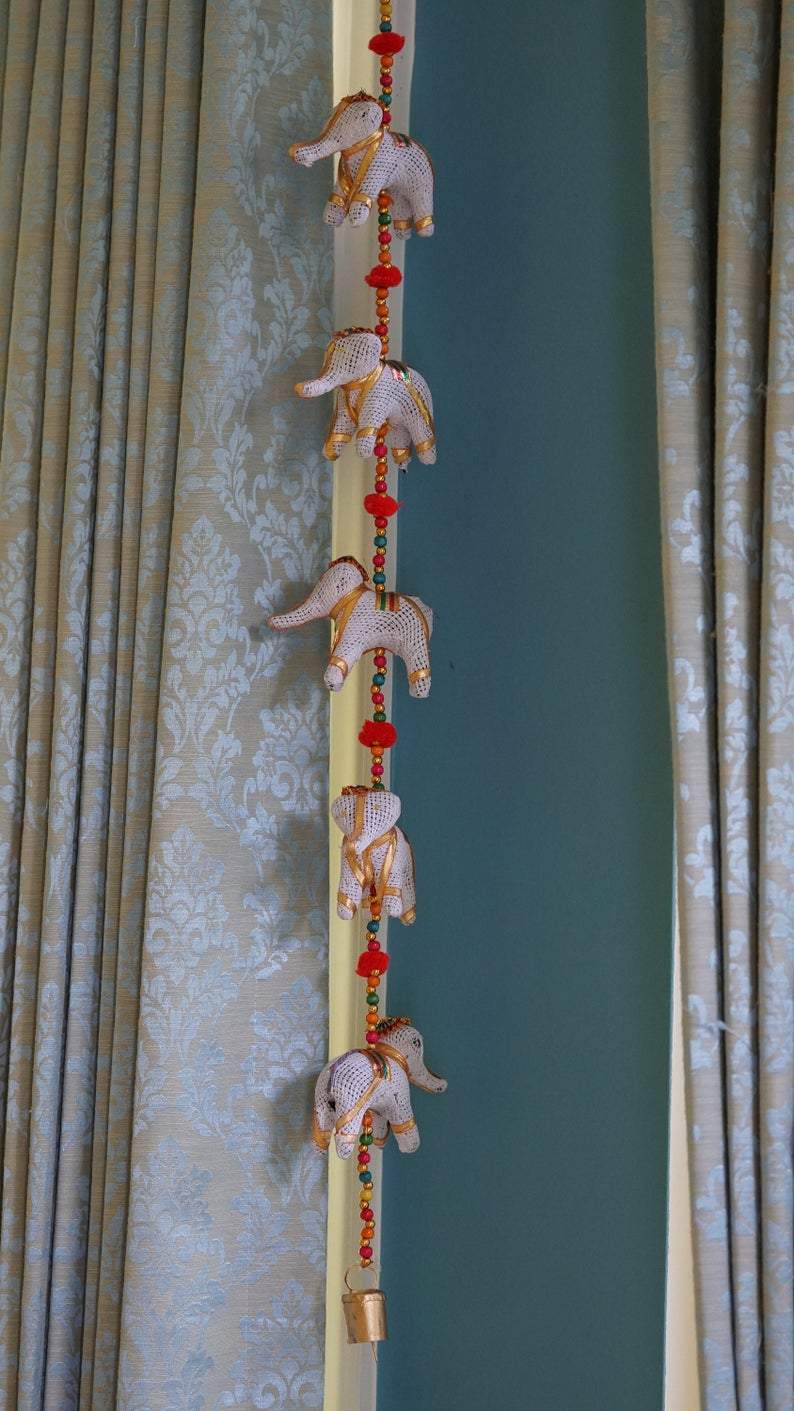 2 PC Indian handmade white elephant bohemian home decor with beads and bell - Aangan of India