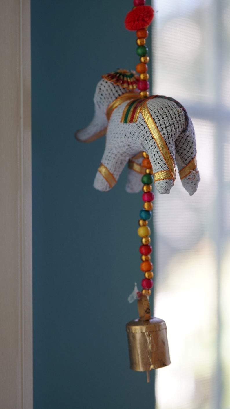 2 PC Indian handmade white elephant bohemian home decor with beads and bell - Aangan of India