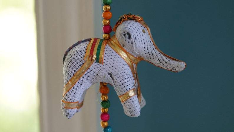 2 PC Indian handmade white elephant bohemian home decor with beads and bell - Aangan of India