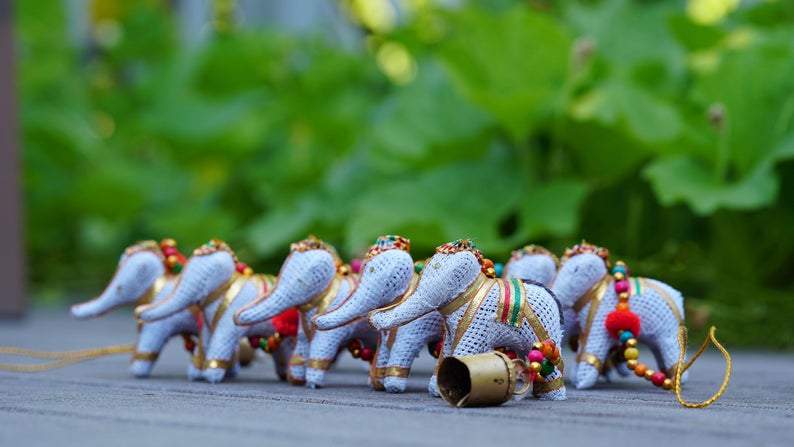 2 PC Indian handmade white elephant bohemian home decor with beads and bell - Aangan of India