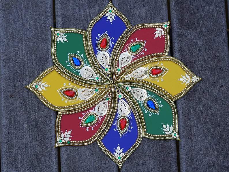 Hand crafted rangoli with painted diya wax candles. Great for tabletop decoration, Diwali, Christmas, henna and mehndi night